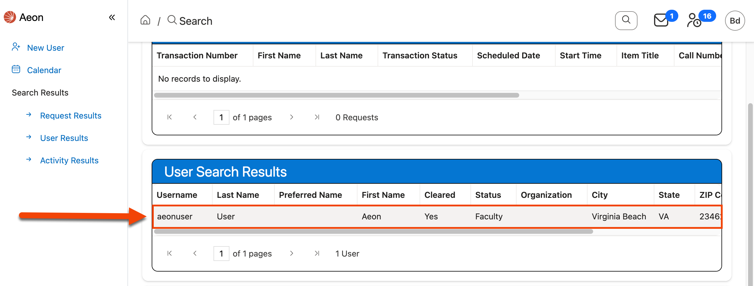 User Search Results grid